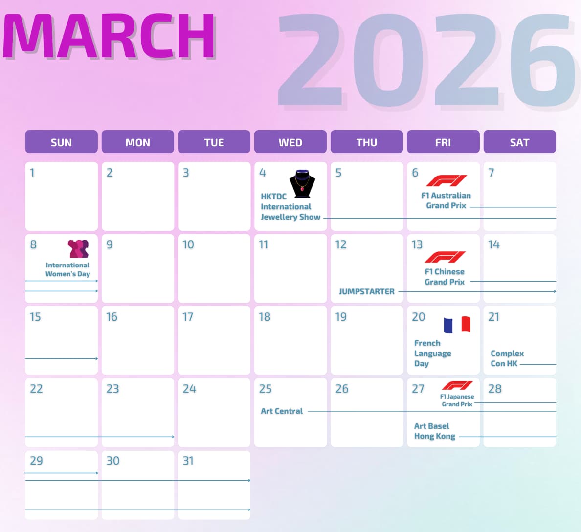 Marketing calendar for March 2026